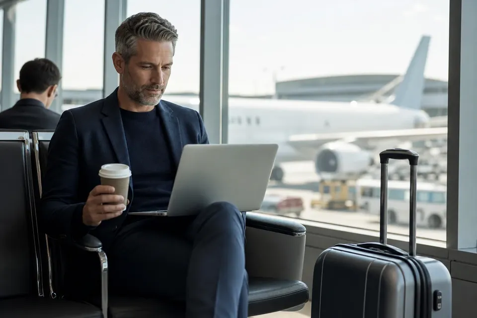 Business traveler at an airport gate reviewing a trip plan on a laptop