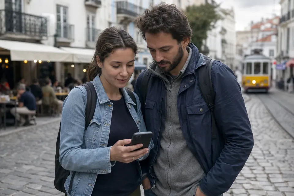 Traveler checking a trip plan on a phone between meetings